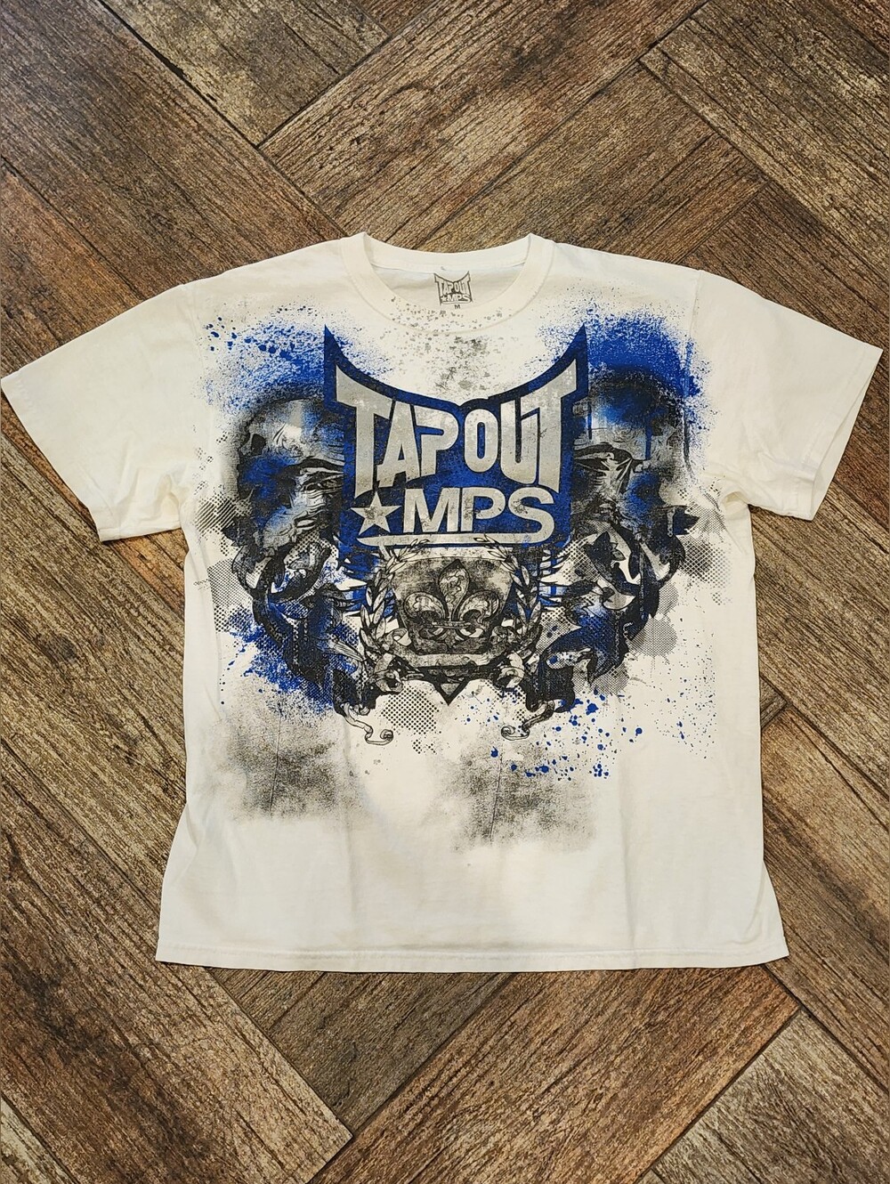 Y2K TapOut MPS White Graphic Tee with Blue & Black Print Size M